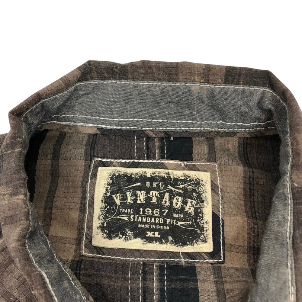 BKE Mens XL Brown Plaid Western Pearl Snap Button Down Shirt Cowboy Rodeo Biker - Picture 10 of 13